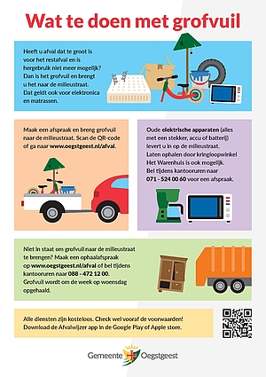 Schema in kleur met overzicht van wat je moet doen met grofvuil zoals ook in de tekst uitgelegd