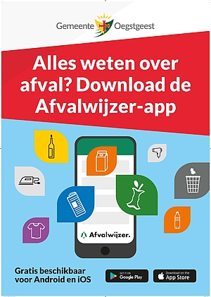 Poster met afval iconen en boodschap: Alles weten over afval? Download de Afvalwijzer-app